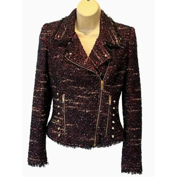 ZARA Burgundy Wool Tweed Boucle Asymmetric Zip Studded Moto Blazer Jacket. SZ M - Picture 4 of 6